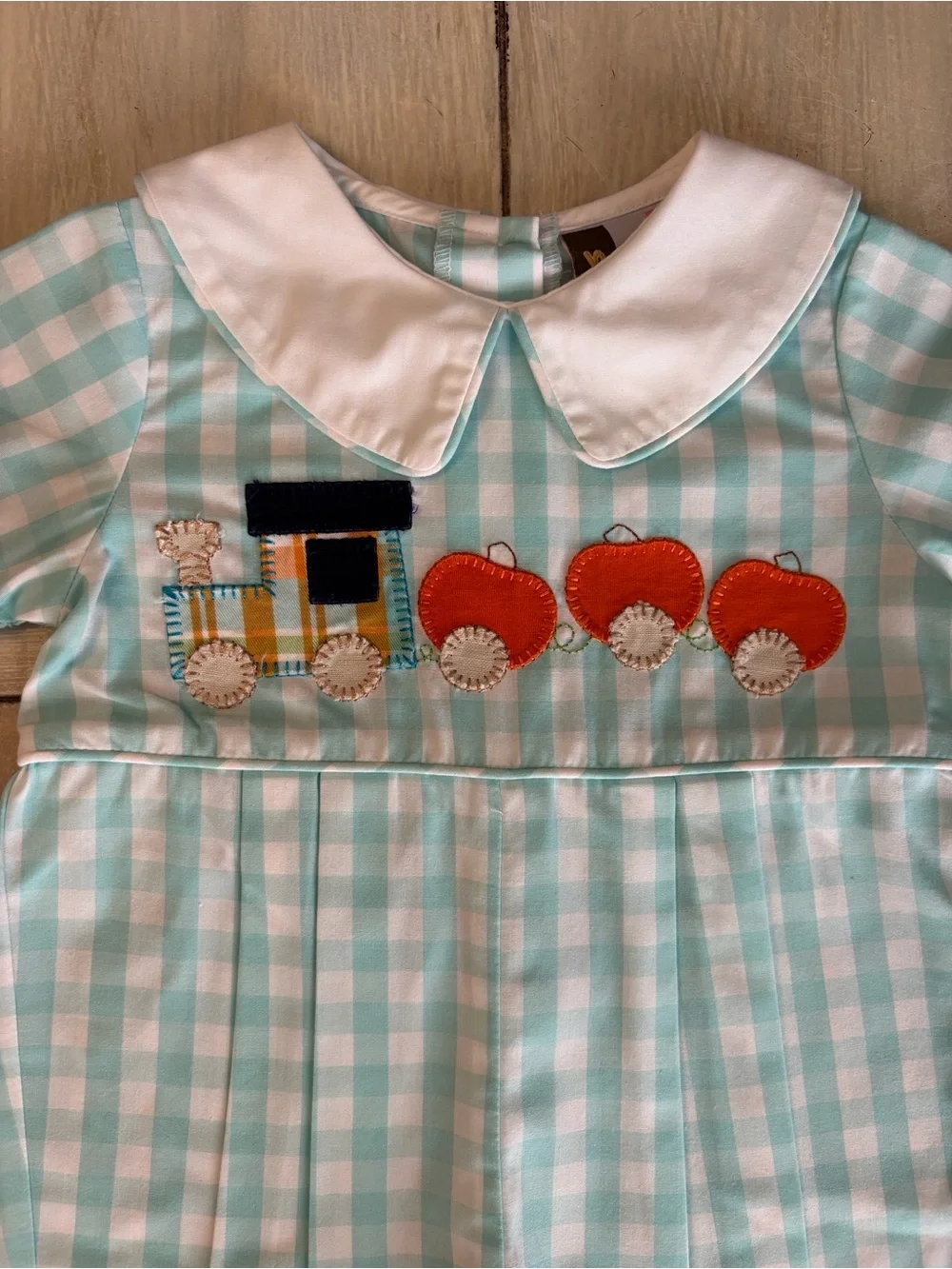 Banana Split Boutique Blue White Pumpkin Train One Piece Romper Fall